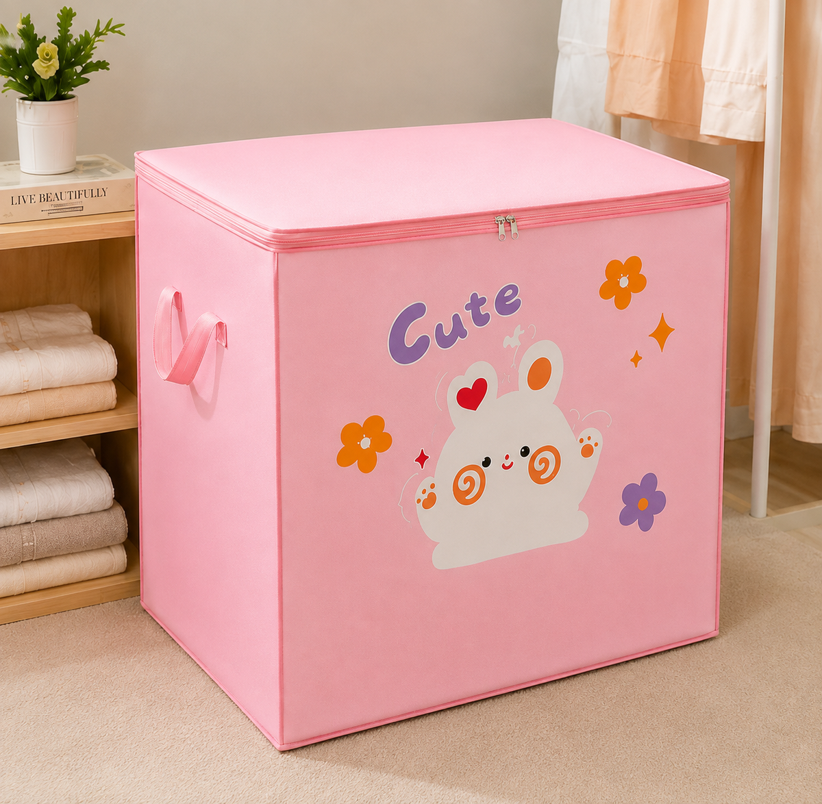 Cute & Happy Foldable Storage Box with Lid – Large Fabric Organizer for Clothes, Blankets & Toys