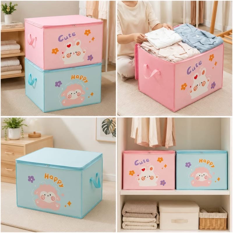 Cute & Happy Foldable Storage Box with Lid – Large Fabric Organizer for Clothes, Blankets & Toys