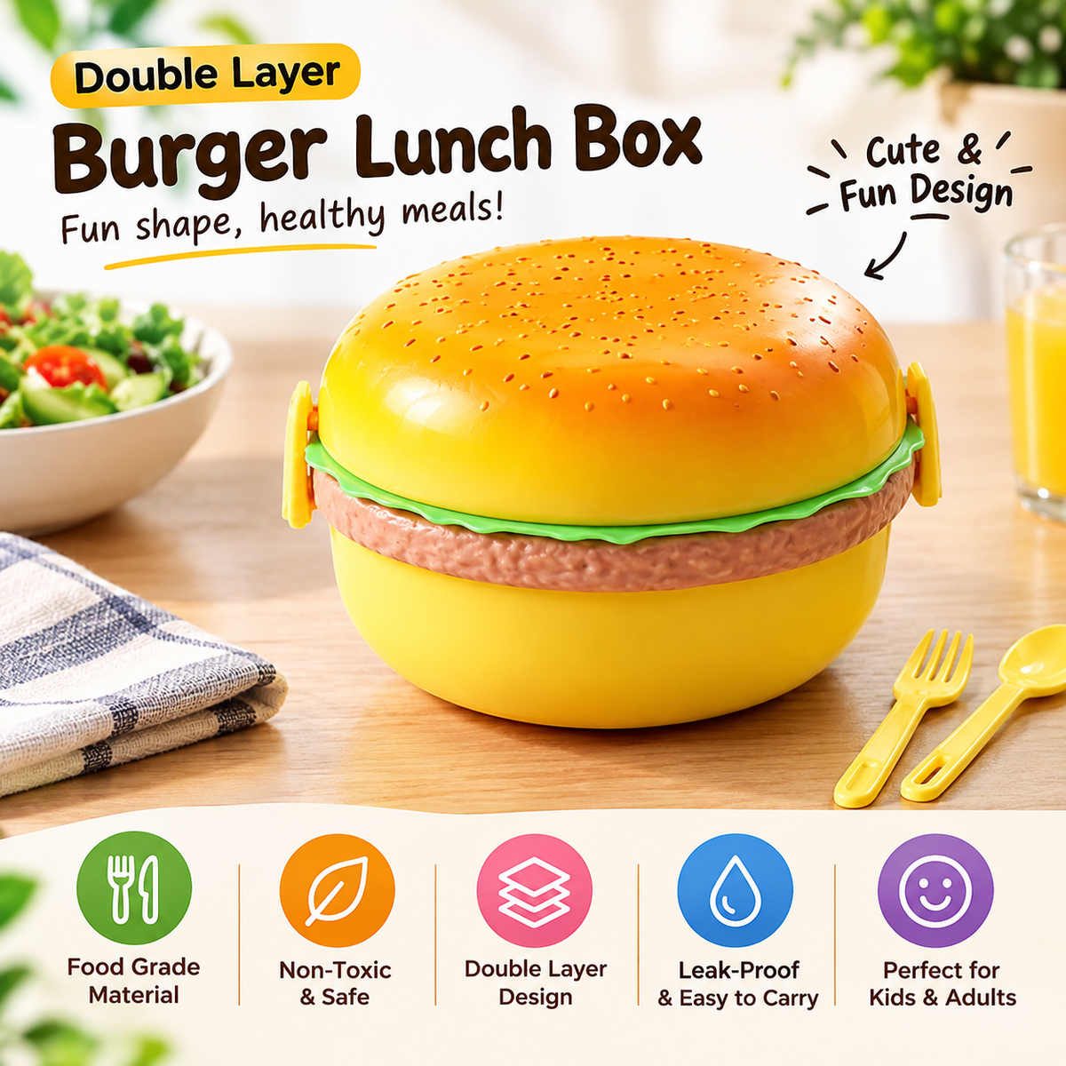 Hamburger Shaped Double Layer Lunch Box with Spoon & Fork – Portable Food Storage Container