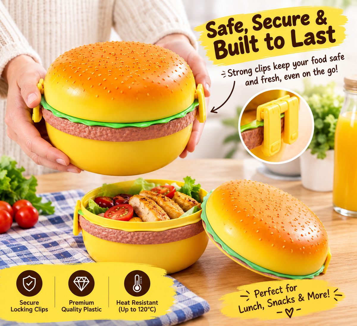 Hamburger Shaped Double Layer Lunch Box with Spoon & Fork – Portable Food Storage Container